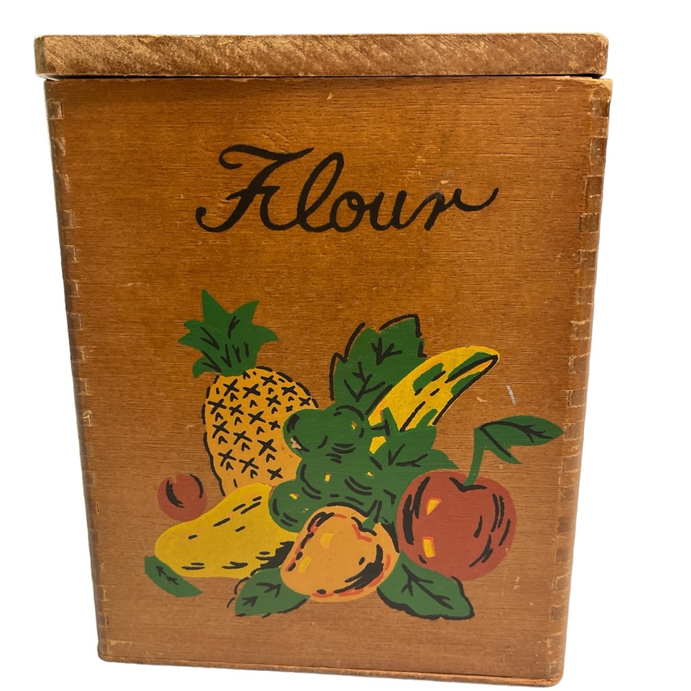 Vintage Wood Canister Nesting Set Fruit Motif THREE canisters.